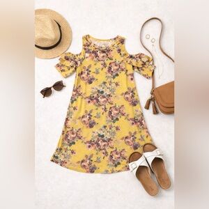 Mustard Floral Cold Shoulder Dress Ruffle Sleeve Boho Boutique Size M Oddy
